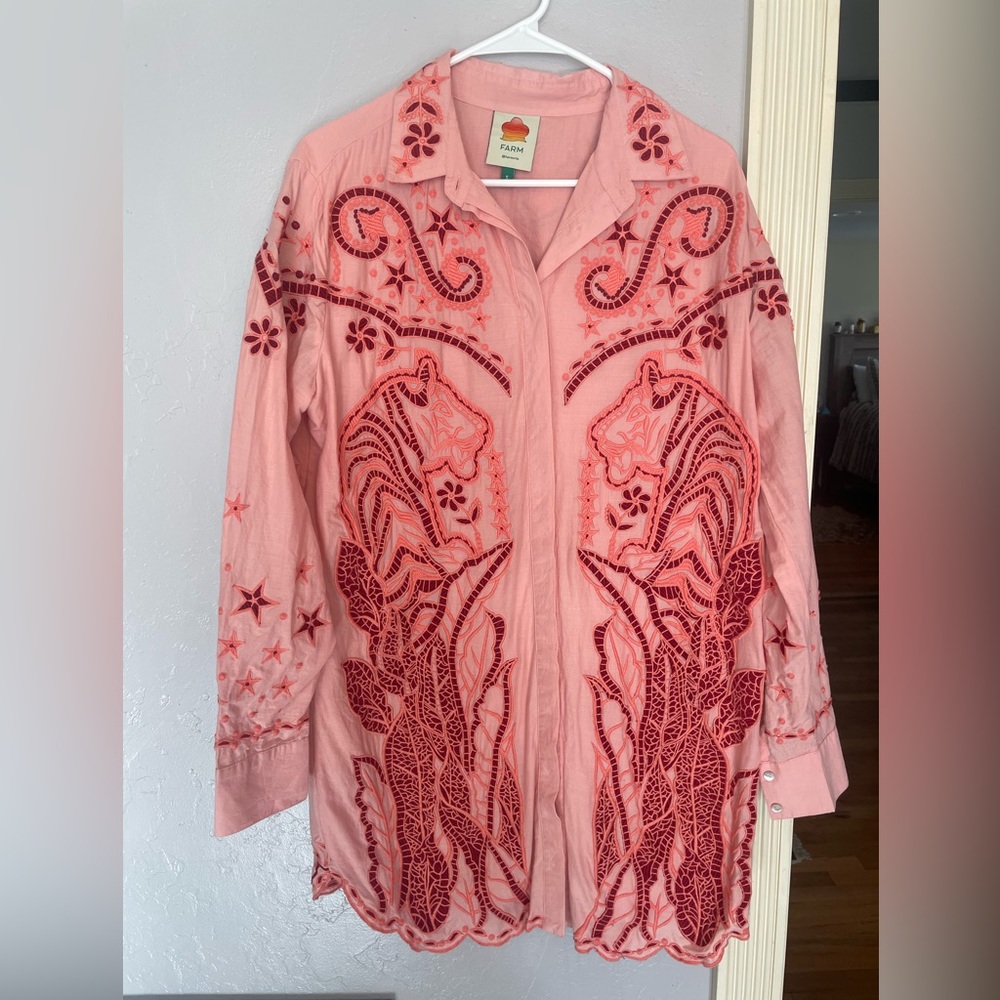 Farm Rio Embroidered Shirt Mini Dress